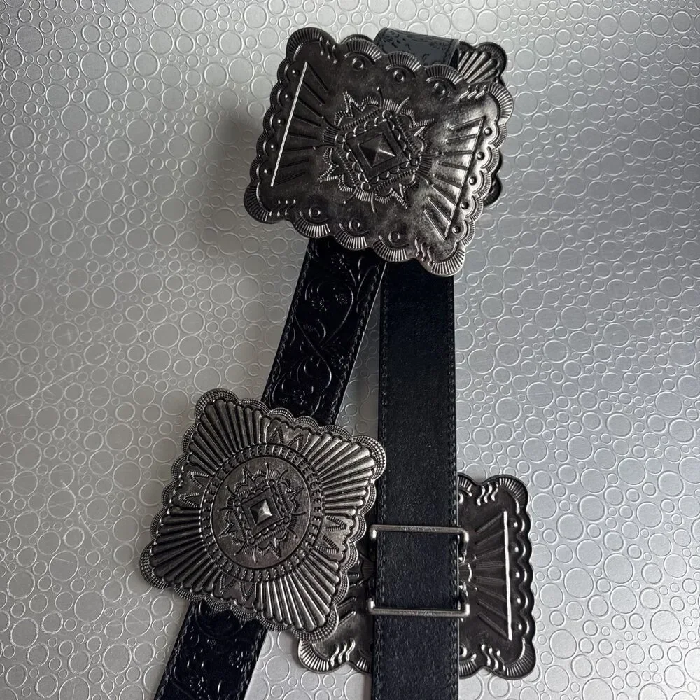 New Lucky & Blessed Black Embossed Concho Belt - Size S Runs Bigger Dust Bag